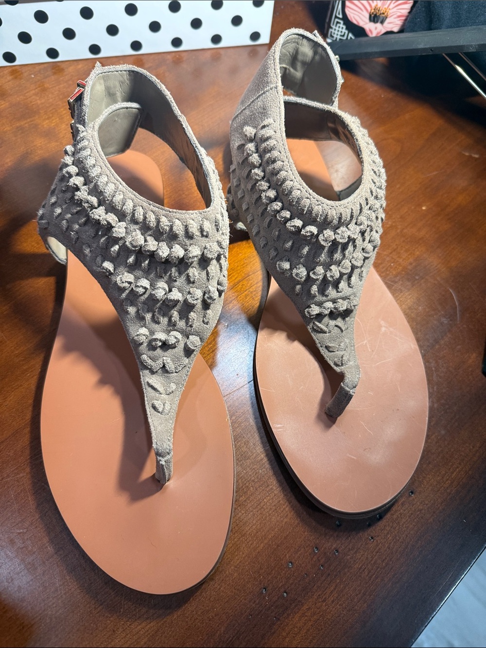 Vince Camuto Taupe Pom-Pom T-Strap Sandals